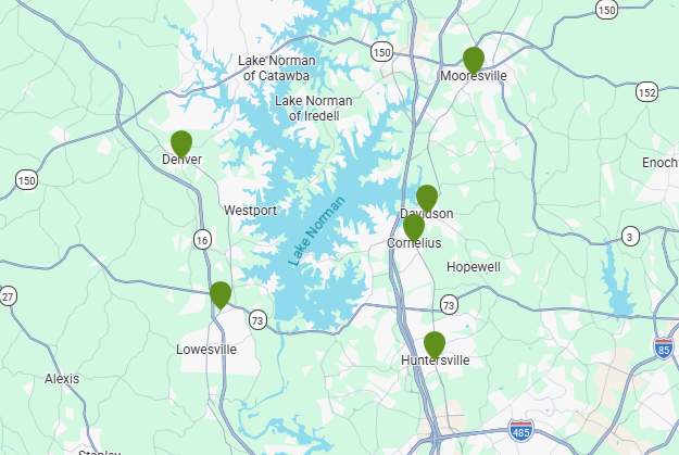 Northlake Landscapes map highlighting Mooresville NC and Lake Norman service coverage